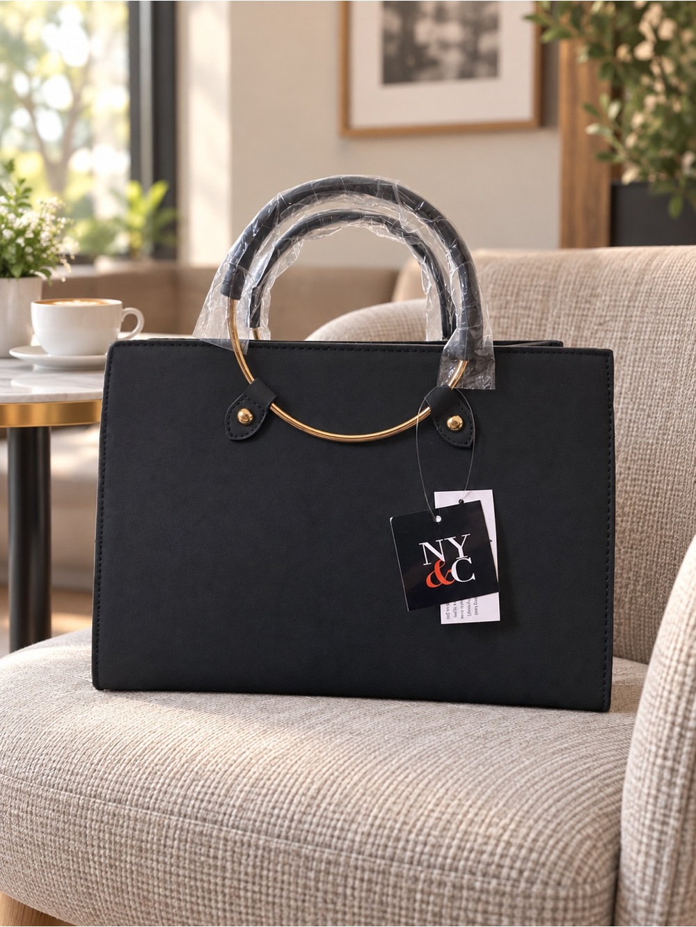 New York & Company (NY&C) black faux-leather structured satchel/tote.